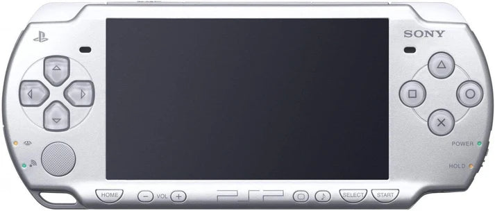 Silver PlayStation Portable PSP 3000 handheld gaming system featuring enhanced widescreen display built in microphone UMD game support Wi Fi connectivity multimedia playback slim portable design rechargeable battery iconic Sony handheld console compatibility with PSP games collectible gaming appeal