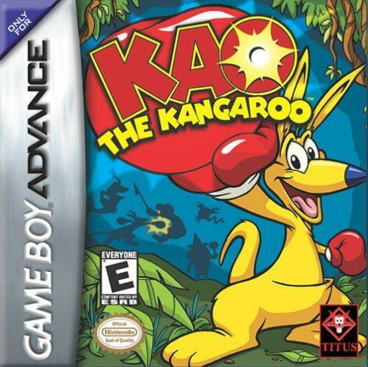 Kao the Kangaroo Game Boy Advance GBA video game featuring platforming adventure gameplay kangaroo character exploration colorful environments enemy battles jumping challenges collectible items and classic handheld action retro video game collection collectible gaming appeal cover art