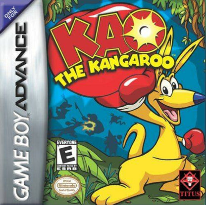 Kao the Kangaroo Game Boy Advance GBA video game featuring platforming adventure gameplay kangaroo character exploration colorful environments enemy battles jumping challenges collectible items and classic handheld action retro video game collection collectible gaming appeal cover art