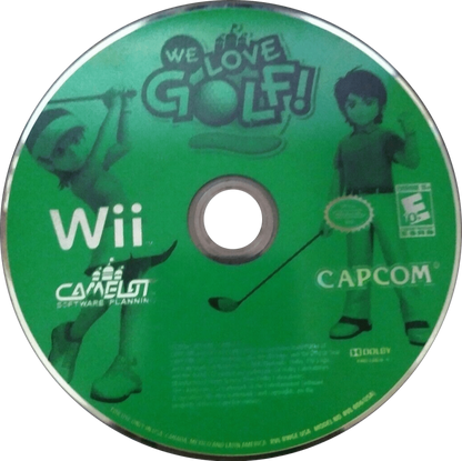 We Love Golf Nintendo Wii cover art for retro video game enthusiasts featuring arcade style golf gameplay colorful courses motion controlled swing mechanics multiplayer competition lighthearted sports action charming character designs and collectible gaming appeal disc