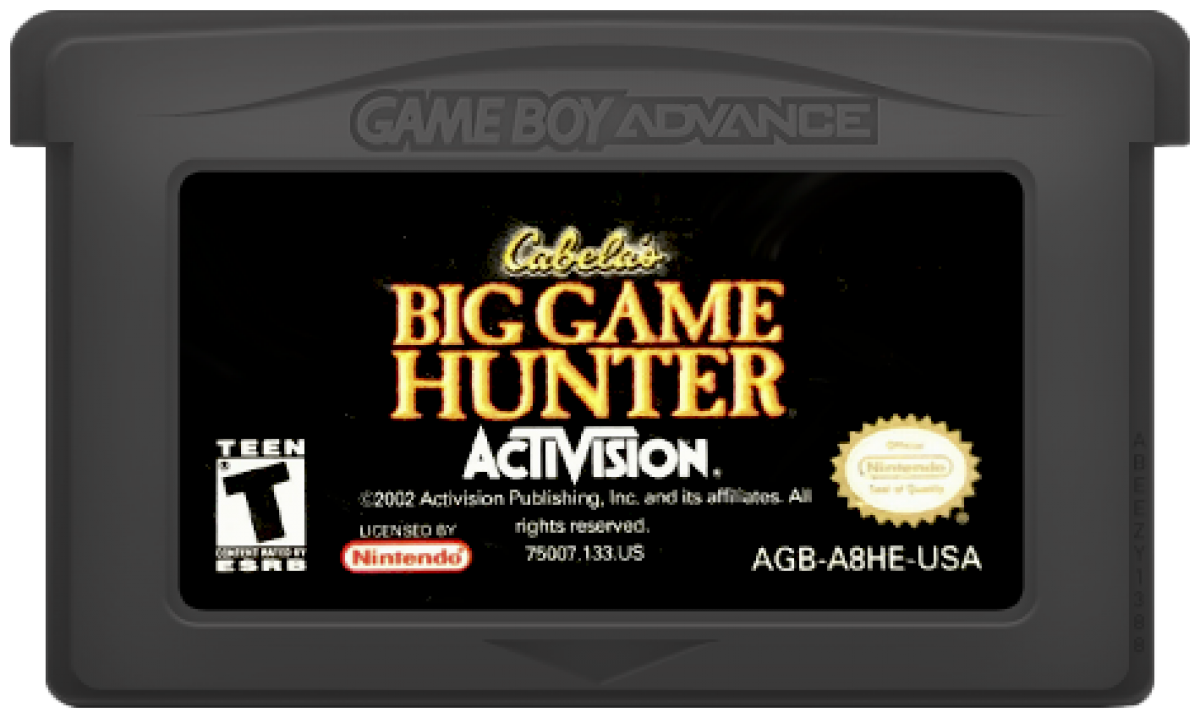 Cabela’s Big Game Hunter for Game Boy Advance, cartridge for a hunting simulation video game with outdoor environments, animal tracking gameplay, mission-based challenges, and realistic hunting mechanics