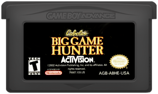 Cabela’s Big Game Hunter for Game Boy Advance, cartridge for a hunting simulation video game with outdoor environments, animal tracking gameplay, mission-based challenges, and realistic hunting mechanics