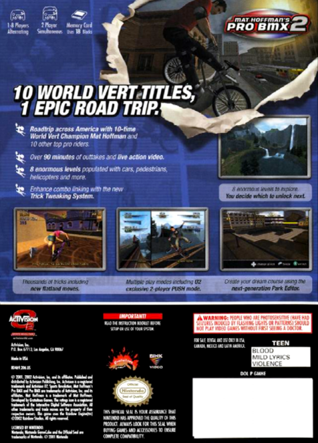 Matt Hoffman’s Pro BMX 2 GameCube GC video game, extreme sports, BMX racing and tricks, multiplayer, action sports gameplay, Nintendo GameCube title back cover