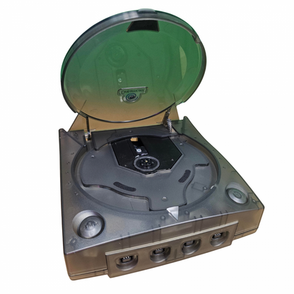 Sega Dreamcast Console Clear Black Custom Shell Good Condition gaming system featuring custom clear black shell design Dreamcast hardware retro console gaming Sega system home gaming setup collectible console and classic gaming hardware appeal open side