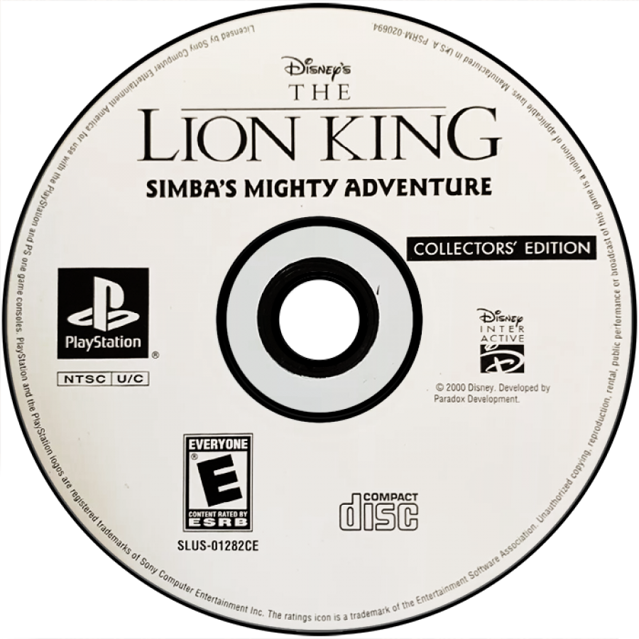 The Lion King Simba's Mighty Adventure Collector’s Edition game for the PlayStation featuring action adventure gameplay with platforming elements as players control Simba through levels based on The Lion King and The Lion King II with puzzle solving combat and story driven progression disc