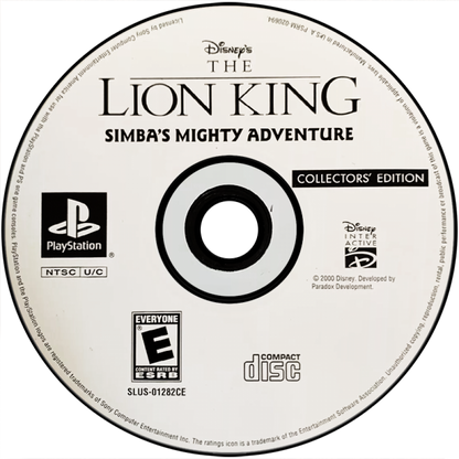 The Lion King Simba's Mighty Adventure Collector’s Edition game for the PlayStation featuring action adventure gameplay with platforming elements as players control Simba through levels based on The Lion King and The Lion King II with puzzle solving combat and story driven progression disc