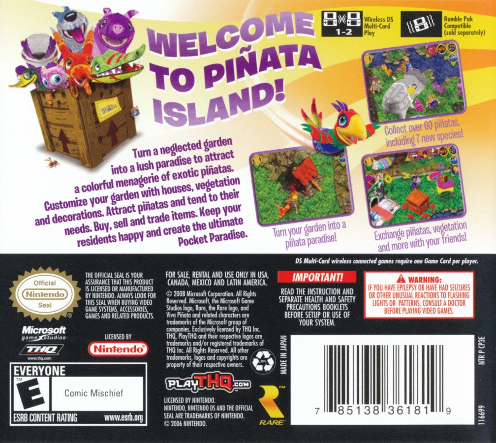 Viva Piñata Pocket Paradise for Nintendo DS, back of case for a life simulation video game with garden management, creature collecting, resource management, and colorful casual gameplay
