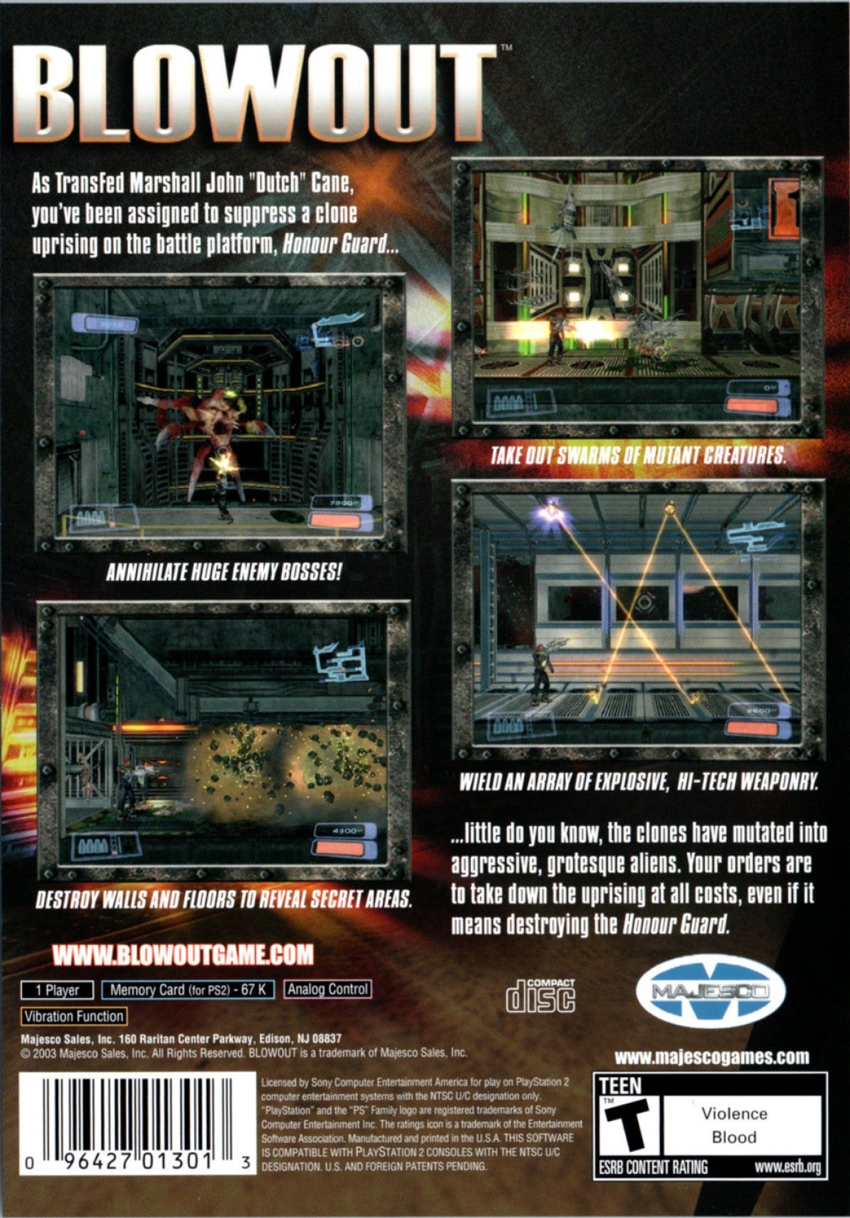 BlowOut PlayStation 2 PS2 for action shooter video game fans featuring side scrolling run and gun gameplay intense alien combat futuristic weapons fast paced platforming sci fi environments explosive action challenging levels classic arcade style gameplay collectible gaming appeal gameplay 