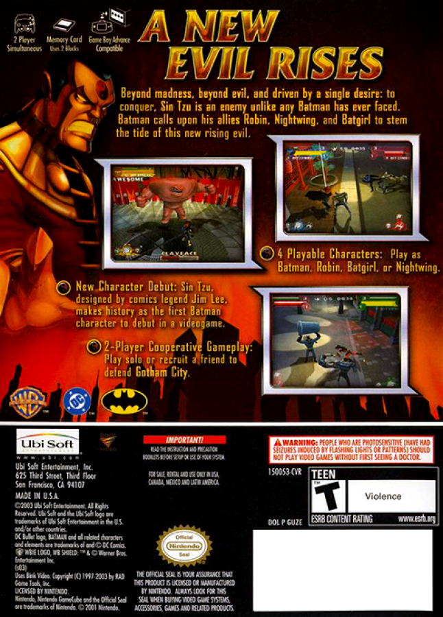 Batman Rise of Sin Tzu GameCube game featuring cooperative beat ’em up action and DC superhero combat gameplay back cover