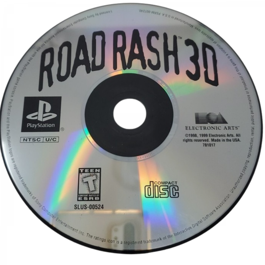 Road Rash 3D PS1 inspired design featuring high speed motorcycle racing combat aesthetic chaotic street races aggressive biker battles open road action arcade style gameplay rebellious attitude nostalgic PlayStation racing presentation disc