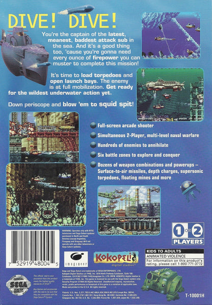 In The Hunt arcade Sega Saturn side scrolling submarine shooter underwater combat military sci fi action giant mechanical enemies explosive torpedoes Irem arcade port retro gaming Sega Saturn software video game title back cover art