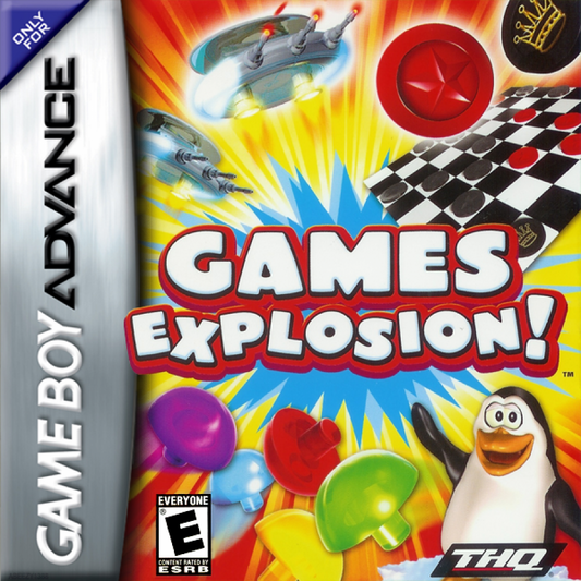 Game Boy Advance front cover art for 'Games Explosion!' with colorful design and penguin character.