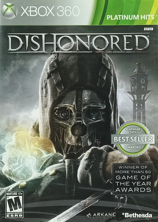 Dishonored Platinum Hits Xbox 360 stealth first-person action video game Arkane Studios Bethesda Corvo supernatural assassin supernatural abilities Blink possession rats chaos system multiple approaches non-lethal lethal options Dunwall plague conspiracy revenge story DLC content included front cover
