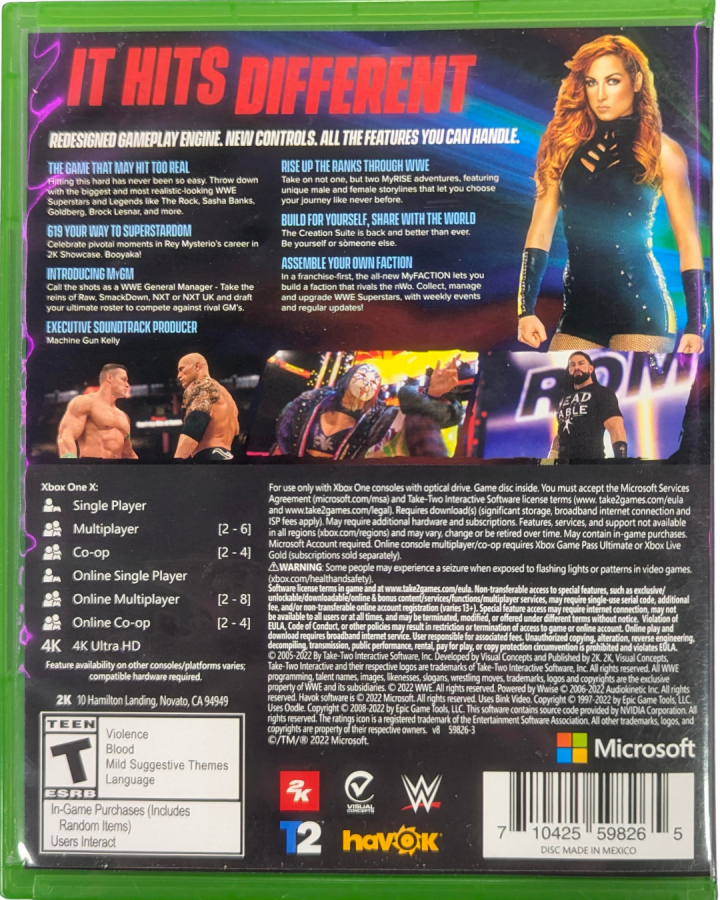 WWE 2K22 Xbox One video game, professional wrestling, sports entertainment, fighting gameplay, multiplayer modes back cover