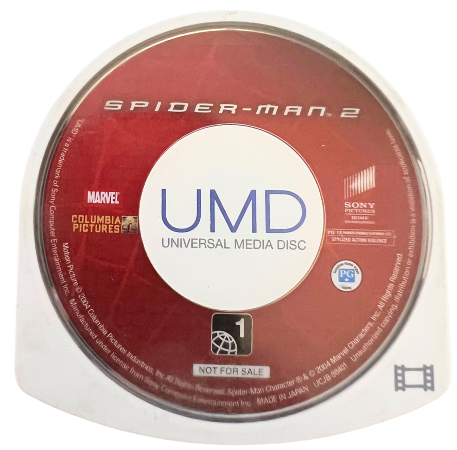 Spider-Man 2 PSP Movie for PlayStation Portable, disc for a UMD movie featuring superhero action, cinematic scenes, and Marvel comic-inspired storyline