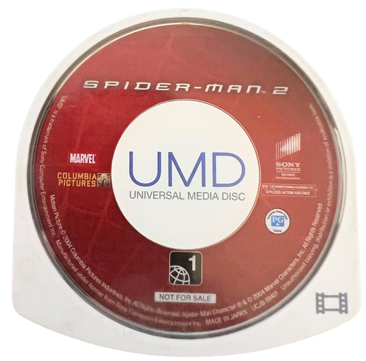 Spider-Man 2 PSP Movie for PlayStation Portable, disc for a UMD movie featuring superhero action, cinematic scenes, and Marvel comic-inspired storyline