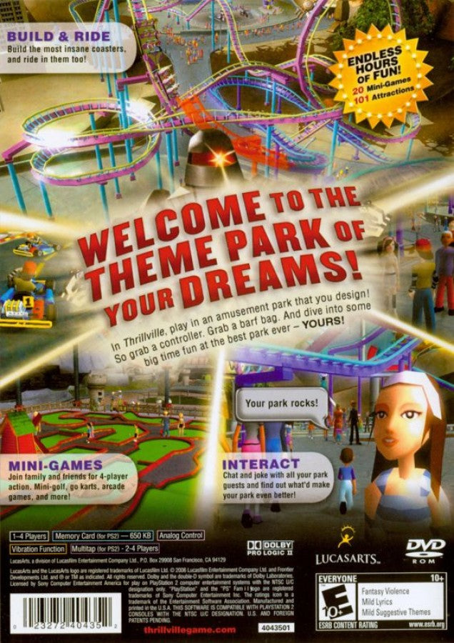 Thrillville – PlayStation 2 (PS2) video game back of case, theme park management and simulation.