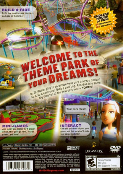 Thrillville – PlayStation 2 (PS2) video game back of case, theme park management and simulation.