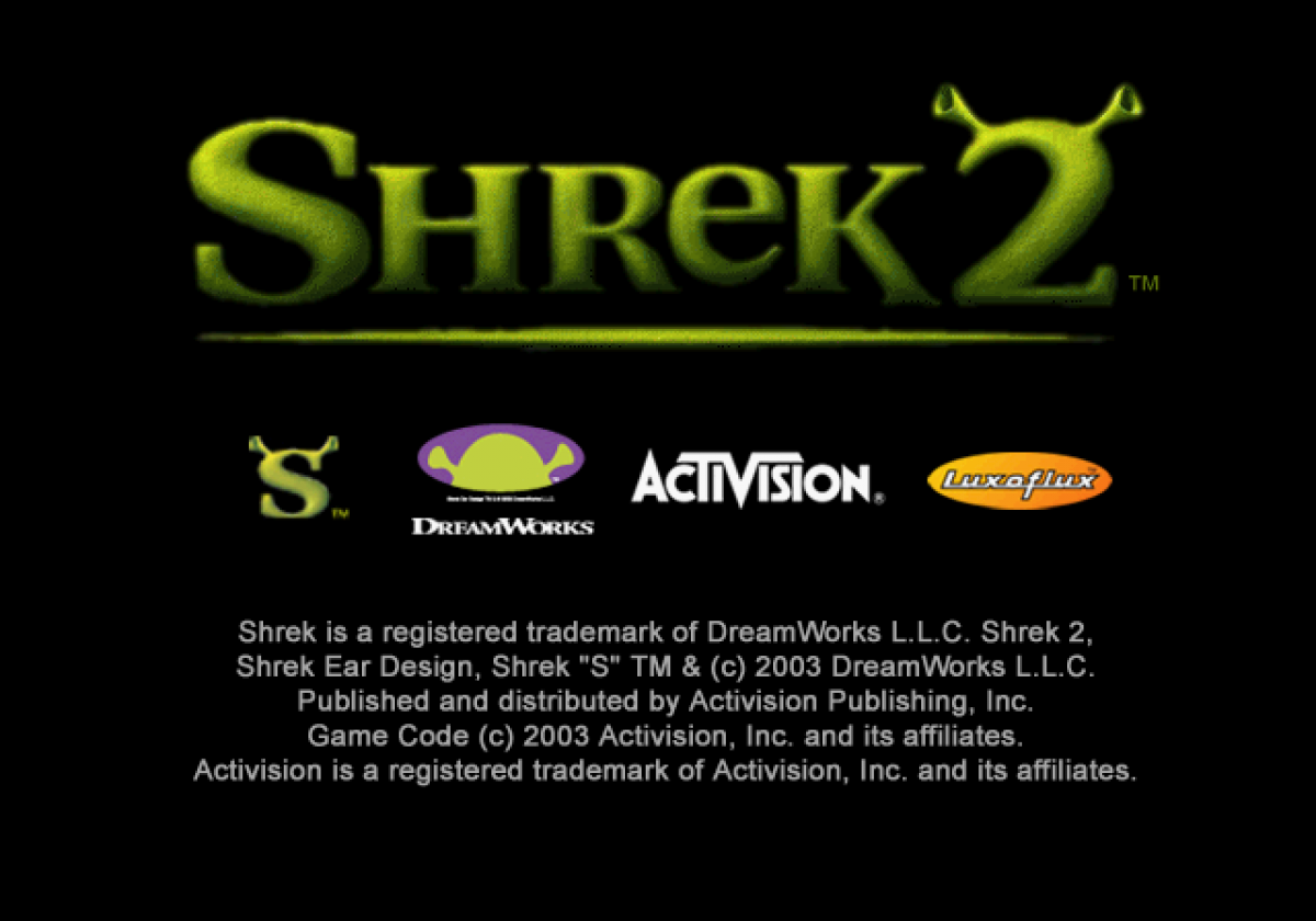 Shrek 2 Greatest Hits retro PlayStation 2 video game Shrek 2 action adventure platform puzzle solving cooperative gameplay DreamWorks movie based console title PlayStation 2 release title screen