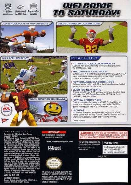 NCAA Football 2004 GameCube inspired design featuring college football sports simulation aesthetic authentic stadium atmosphere legendary university teams intense gridiron action dynasty mode gameplay competitive championship tradition nostalgic Nintendo presentation back cover