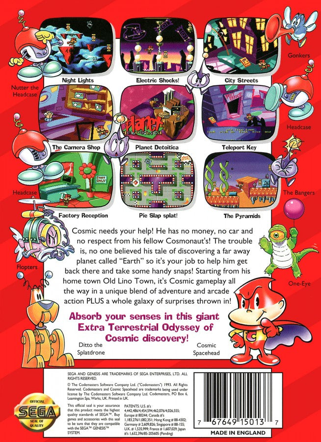 Cosmic Spacehead back cover art for Sega Genesis (GEN) video game