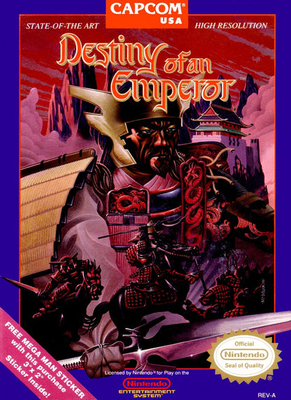 Destiny of an Emperor Nintendo Entertainment System NES for retro video game enthusiasts featuring classic role playing gameplay turn based battles Three Kingdoms storyline strategic party management world exploration character progression and collectible gaming appeal front cover