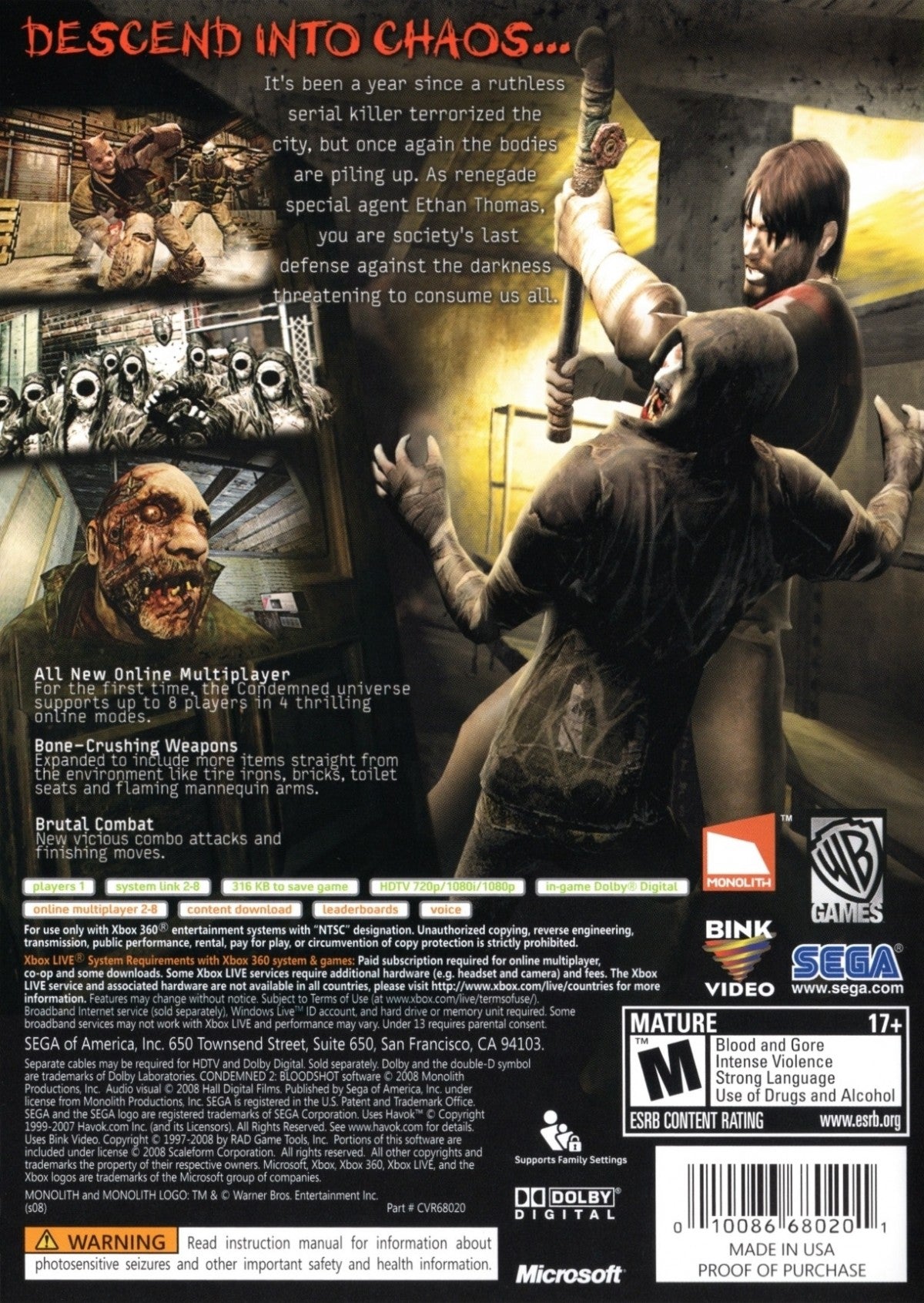 Condemned 2 Bloodshot game for the Xbox 360 featuring first person survival horror gameplay with brutal melee combat forensic investigation elements and a dark psychological storyline following detective Ethan Thomas back cover  