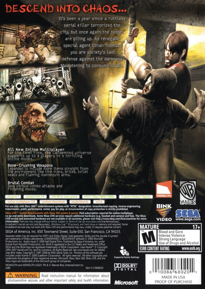 Condemned 2 Bloodshot game for the Xbox 360 featuring first person survival horror gameplay with brutal melee combat forensic investigation elements and a dark psychological storyline following detective Ethan Thomas back cover  