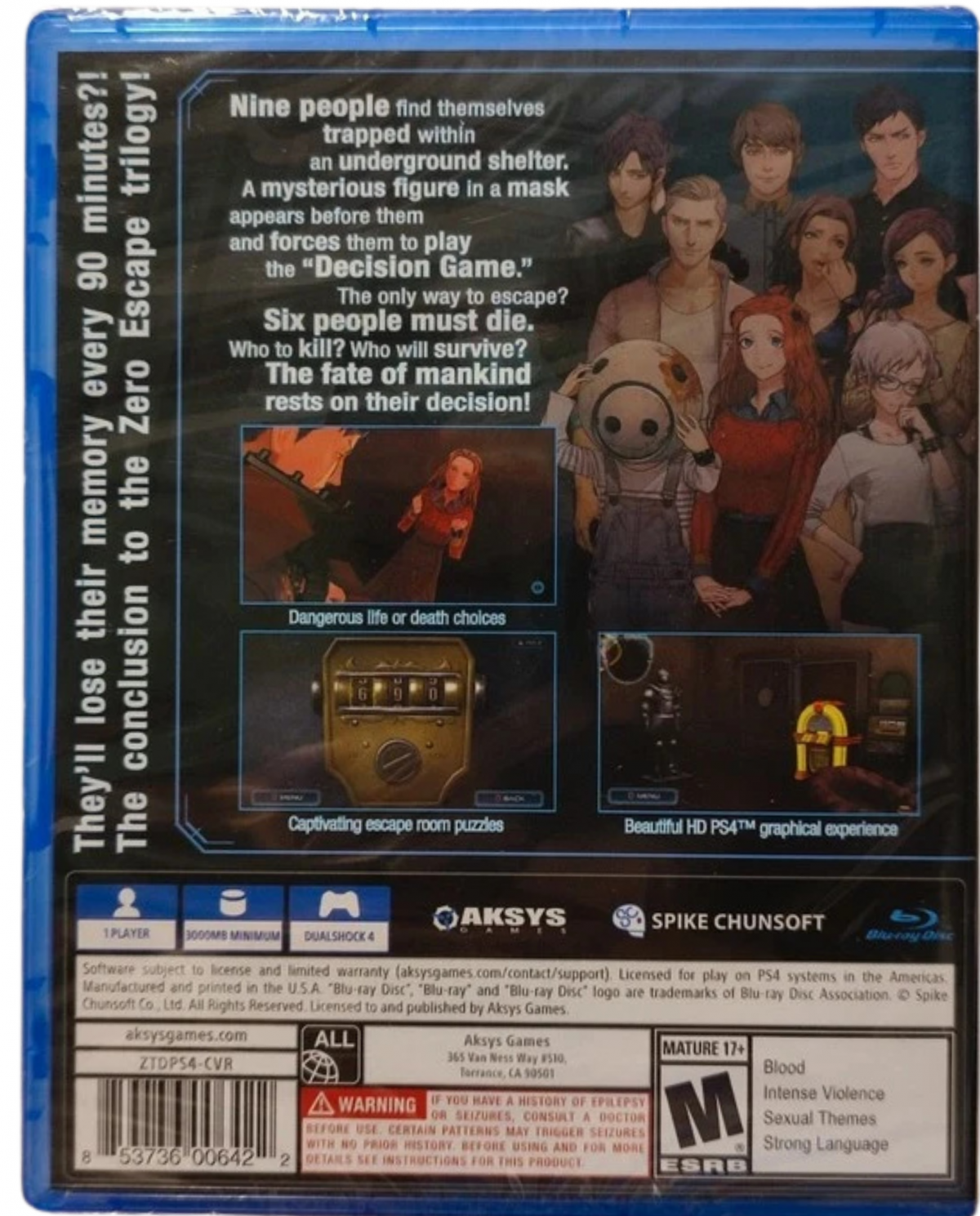 Zero Time Dilemma PlayStation 4 PS4 for retro video game enthusiasts featuring visual novel adventure gameplay escape room puzzle solving branching narrative choices suspenseful storytelling multiple endings science fiction mystery themes and collectible gaming appeal back art 