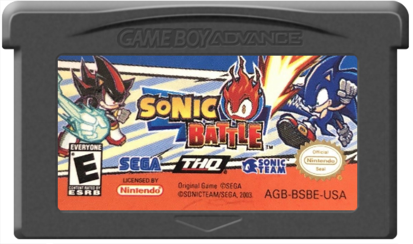 Sonic Battle Game Boy Advance GBA video game, fighting action, Sonic the Hedgehog characters, multiplayer gameplay, handheld console title cartridge art