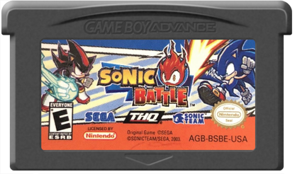 Sonic Battle Game Boy Advance GBA video game, fighting action, Sonic the Hedgehog characters, multiplayer gameplay, handheld console title cartridge art