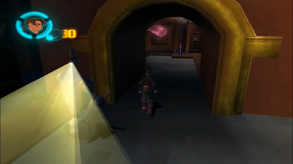 Disney Treasure Planet PlayStation 2 PS2 action-adventure platformer video game based on the animated film Treasure Planet Jim Hawkins John Silver Silver cyborg morph creature solar surfing adventure space pirate battles gadgets puzzles planet exploration hand-drawn cel-shaded visuals Sony Disney Interactive Buena Vista Games licensed tie-in gameplay screenshot