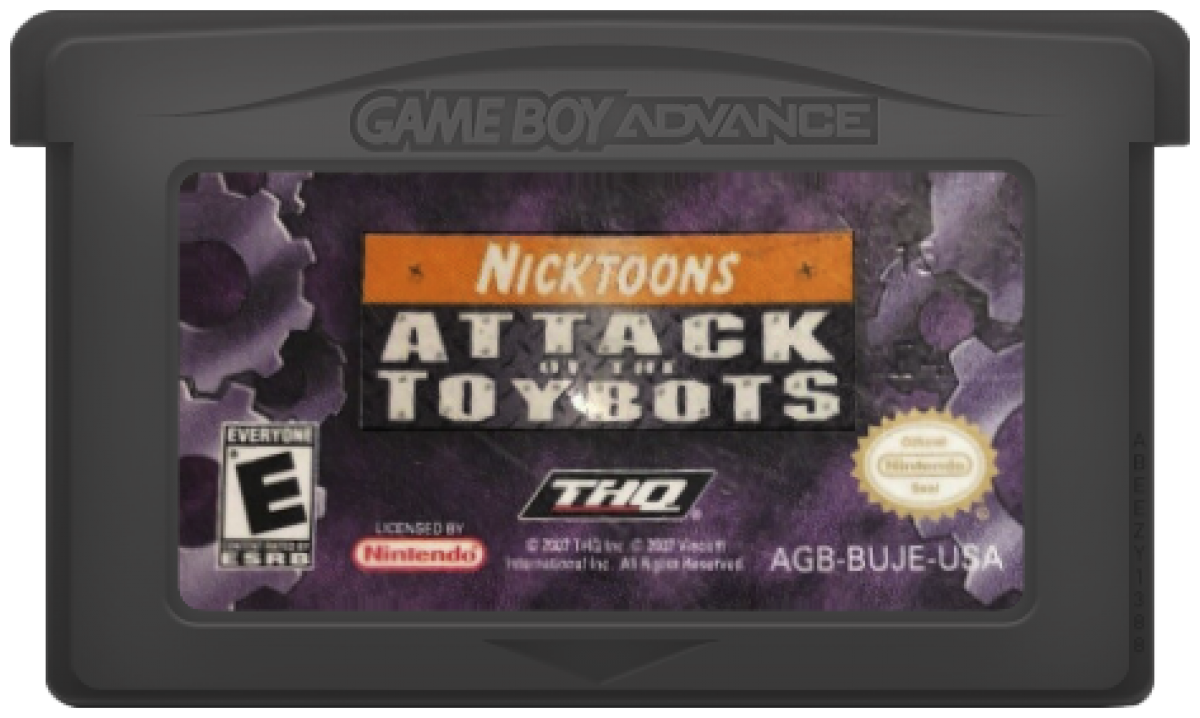 Nicktoons Attack of the Toybots for Game Boy Advance, cartridge for a retro video game featuring action platforming gameplay, crossover cartoon characters, combat challenges, puzzle-solving, and side-scrolling adventure