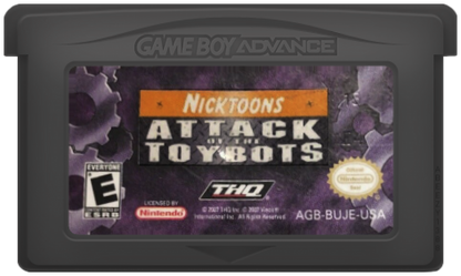 Nicktoons Attack of the Toybots for Game Boy Advance, cartridge for a retro video game featuring action platforming gameplay, crossover cartoon characters, combat challenges, puzzle-solving, and side-scrolling adventure