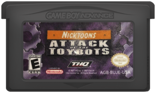 Nicktoons Attack of the Toybots for Game Boy Advance, cartridge for a retro video game featuring action platforming gameplay, crossover cartoon characters, combat challenges, puzzle-solving, and side-scrolling adventure