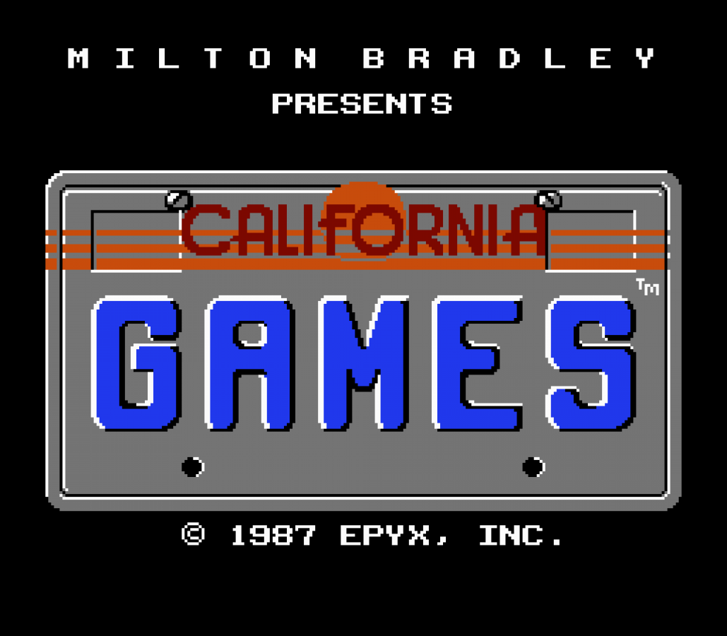 California Games retro NES video game California Games sports extreme sports surfing skateboarding BMX roller skating multiplayer arcade gameplay classic console title Nintendo Entertainment System release title screen