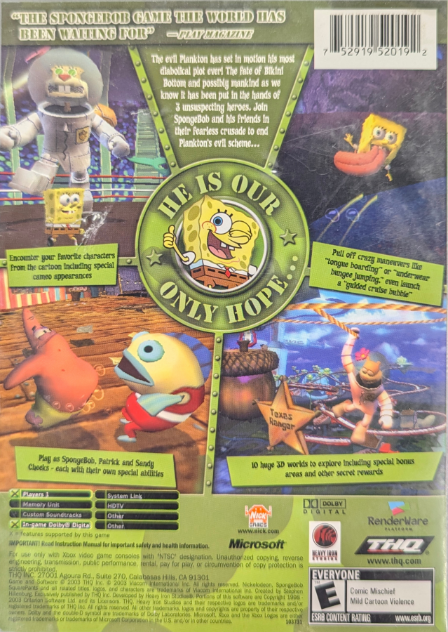 SpongeBob SquarePants Battle for Bikini Bottom Platinum Hits Xbox XBOX platform adventure game featuring SpongeBob Patrick Sandy underwater exploration jellyfish fields enemy battles collectible items and classic Nickelodeon gaming retro video game collection collectible gaming appeal back cover