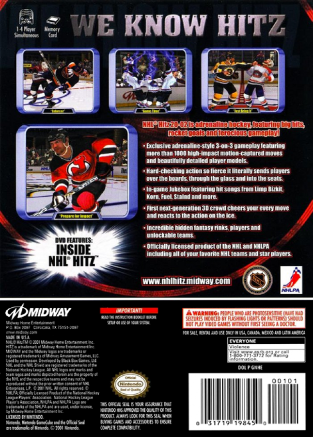NHL Hitz 2002 back of case for Nintendo GameCube (GC) arcade hockey sports video game