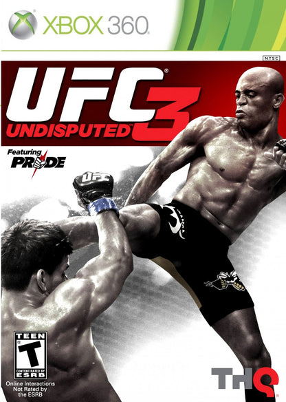 UFC Undisputed 3 Xbox 360 inspired design featuring mixed martial arts sports simulation aesthetic realistic MMA combat octagon fights licensed UFC fighters intense grappling striking gameplay competitive championship atmosphere nostalgic THQ sports presentation front cover