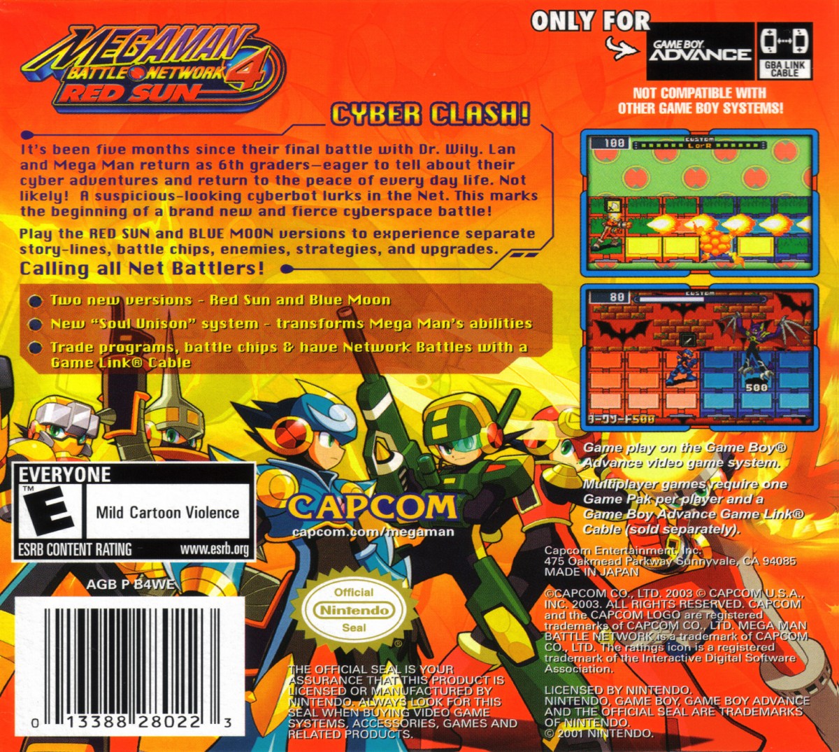 Mega Man Battle Network 4 Red Sun Game Boy Advance GBA video game, action RPG, tactical grid-based combat, classic Capcom handheld title back cover art