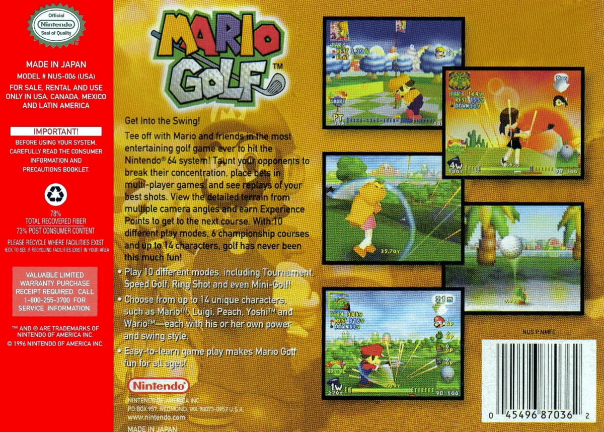Mario Golf back cover art for Nintendo 64 (N64) video game 