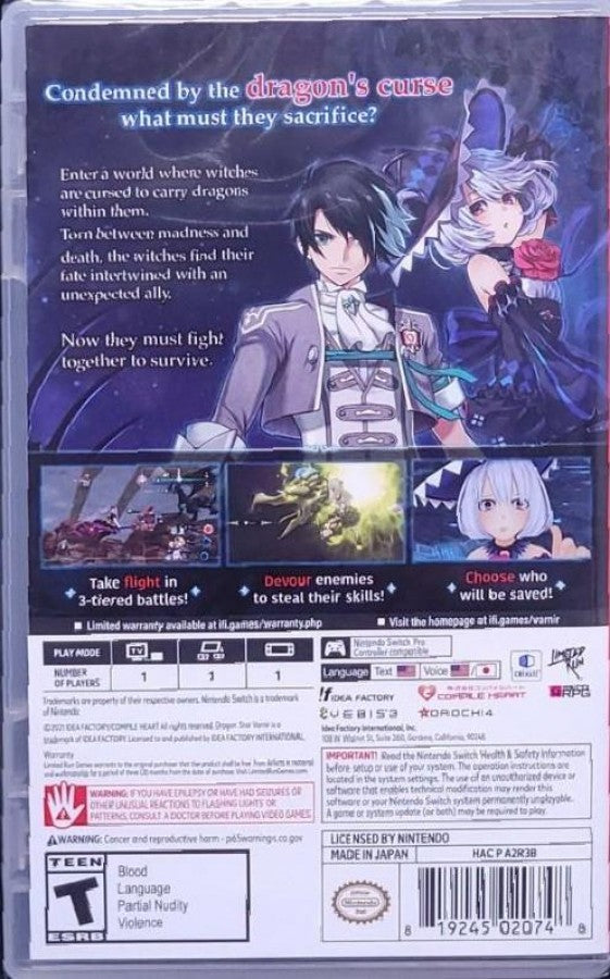 Dragon Star Varnir for Nintendo Switch with dark fantasy RPG theme and witch-focused storyline back cover