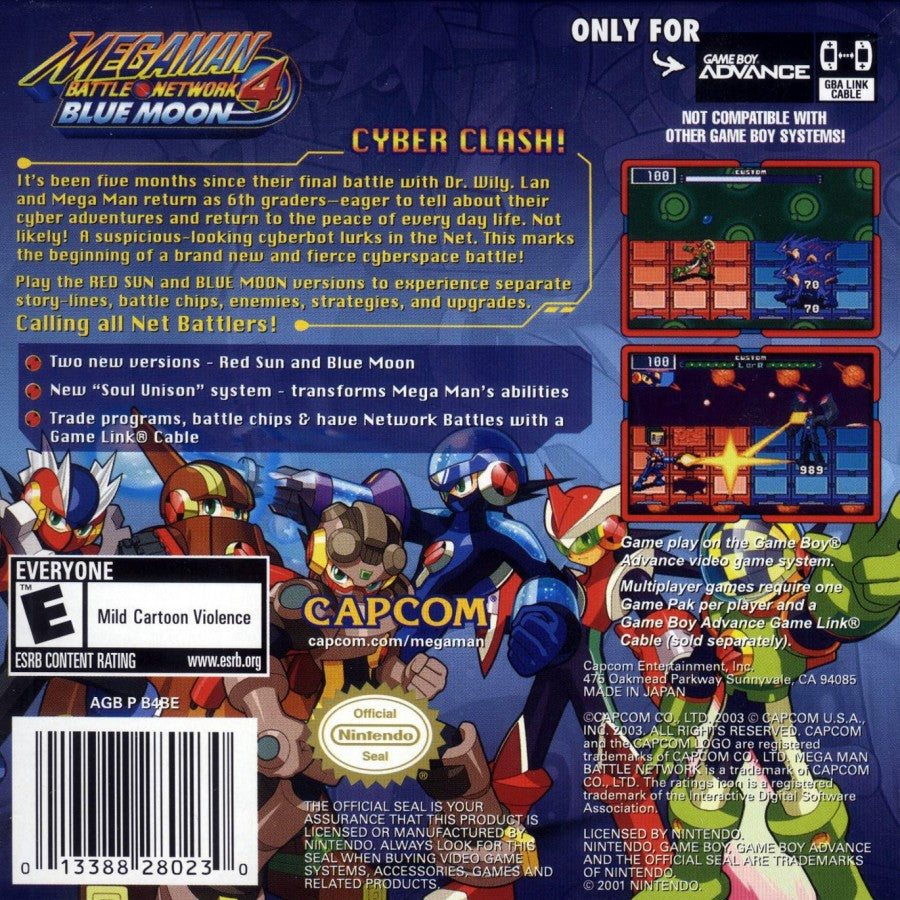 MegaMan Battle Network 4 Blue Moon cartridge for the Game Boy Advance featuring action RPG gameplay with real time grid based battles chip customization story driven missions and MegaMan battling cyber threats in a futuristic world back cover art