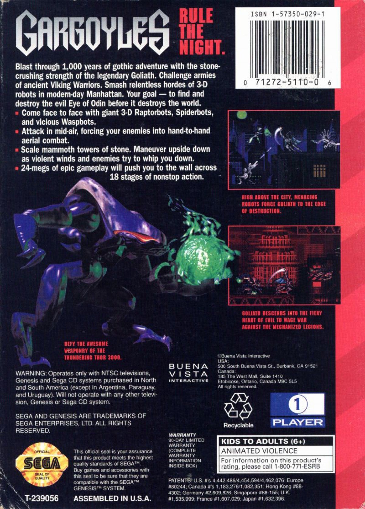 Gargoyles Sega Genesis GEN for action platforming video game fans featuring Goliath and the Gargoyles cast side scrolling combat dark fantasy environments powerful attacks enemy battles challenging stages atmospheric visuals and classic Sega Genesis gameplay collectible retro gaming appeal back cover art