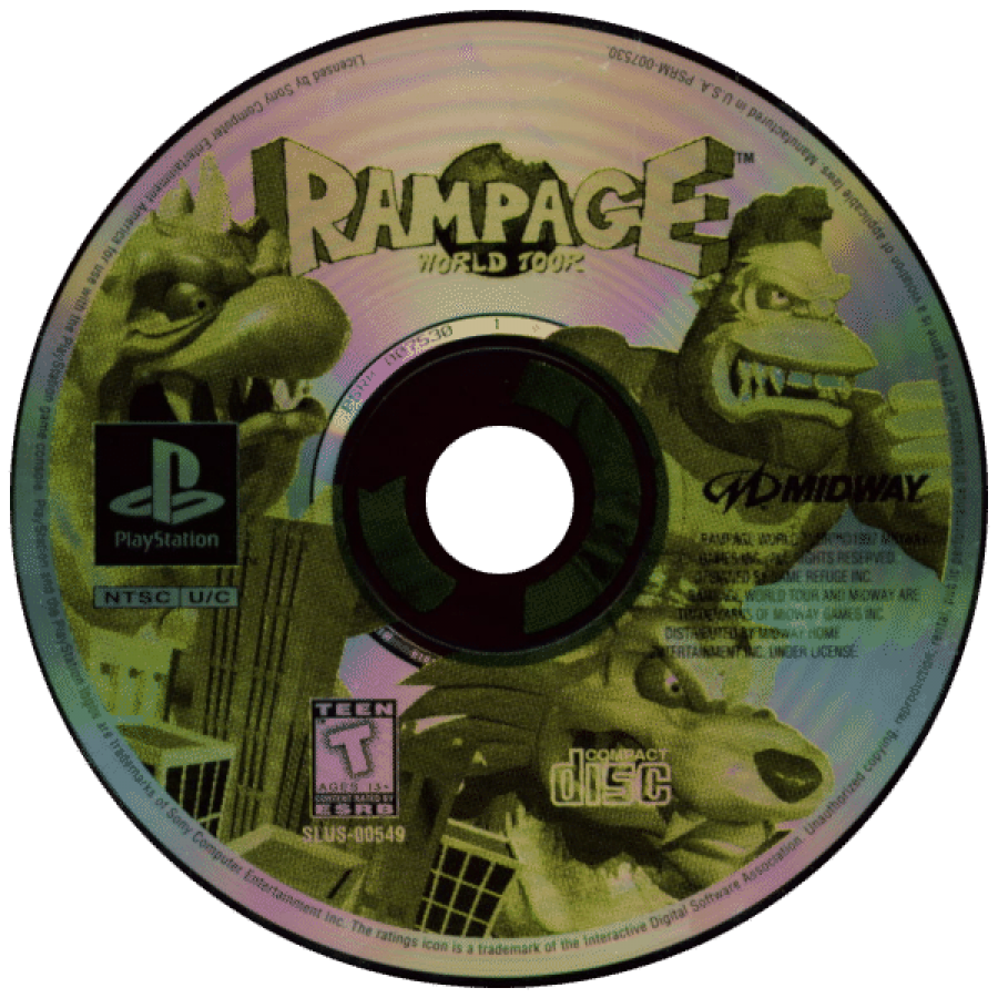 Rampage: World Tour disc for PlayStation 1 (PS1) arcade action video game