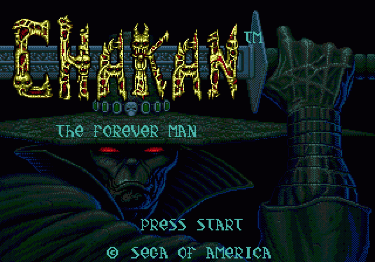 Chakan for Sega Genesis with dark fantasy action-platformer theme title screen