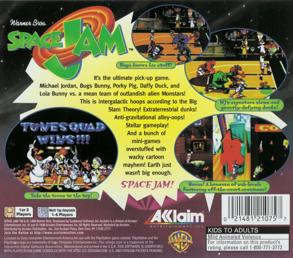 Space Jam back of case for PlayStation 1 (PS1) basketball sports video game