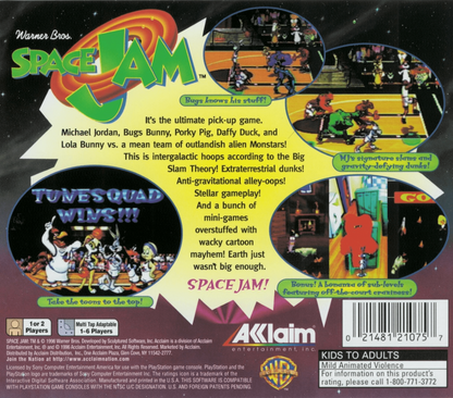 Space Jam back of case for PlayStation 1 (PS1) basketball sports video game