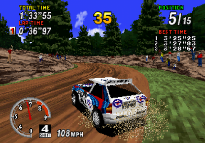 Sega Rally Championship Sega Saturn arcade racing game rally car off road driving realistic handling drifting mechanics time trial and championship modes Sega AM2 classic arcade port retro gaming Sega Saturn software video game title gameplay