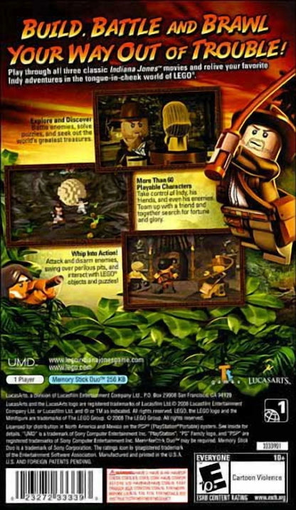 LEGO Indiana Jones The Original Adventures PlayStation Portable box art displaying the adventurous Lego minifigure and action scenes back cover